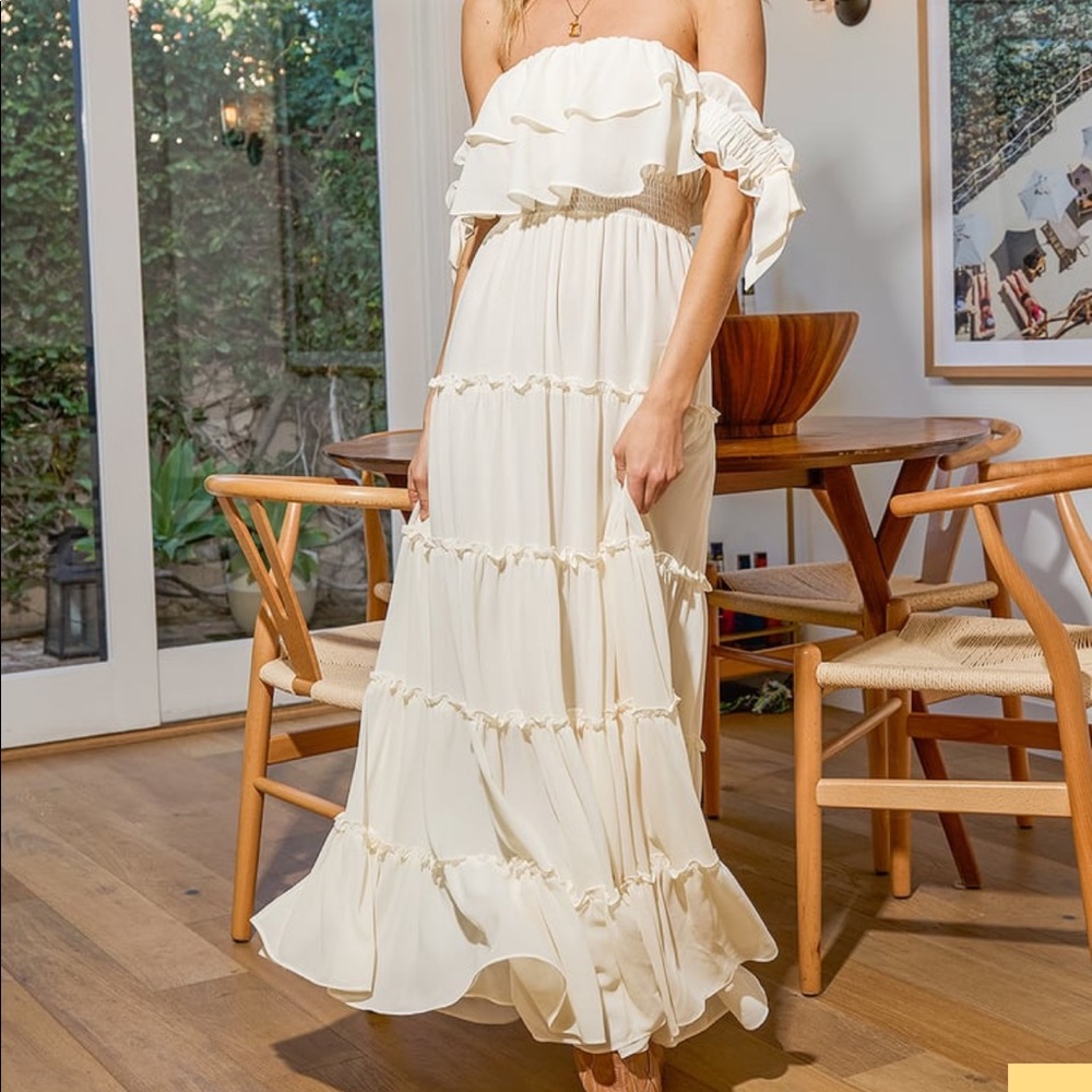 Lulus Chance For Us Ivory Off-the-Shoulder Ruffled Maxi Dress